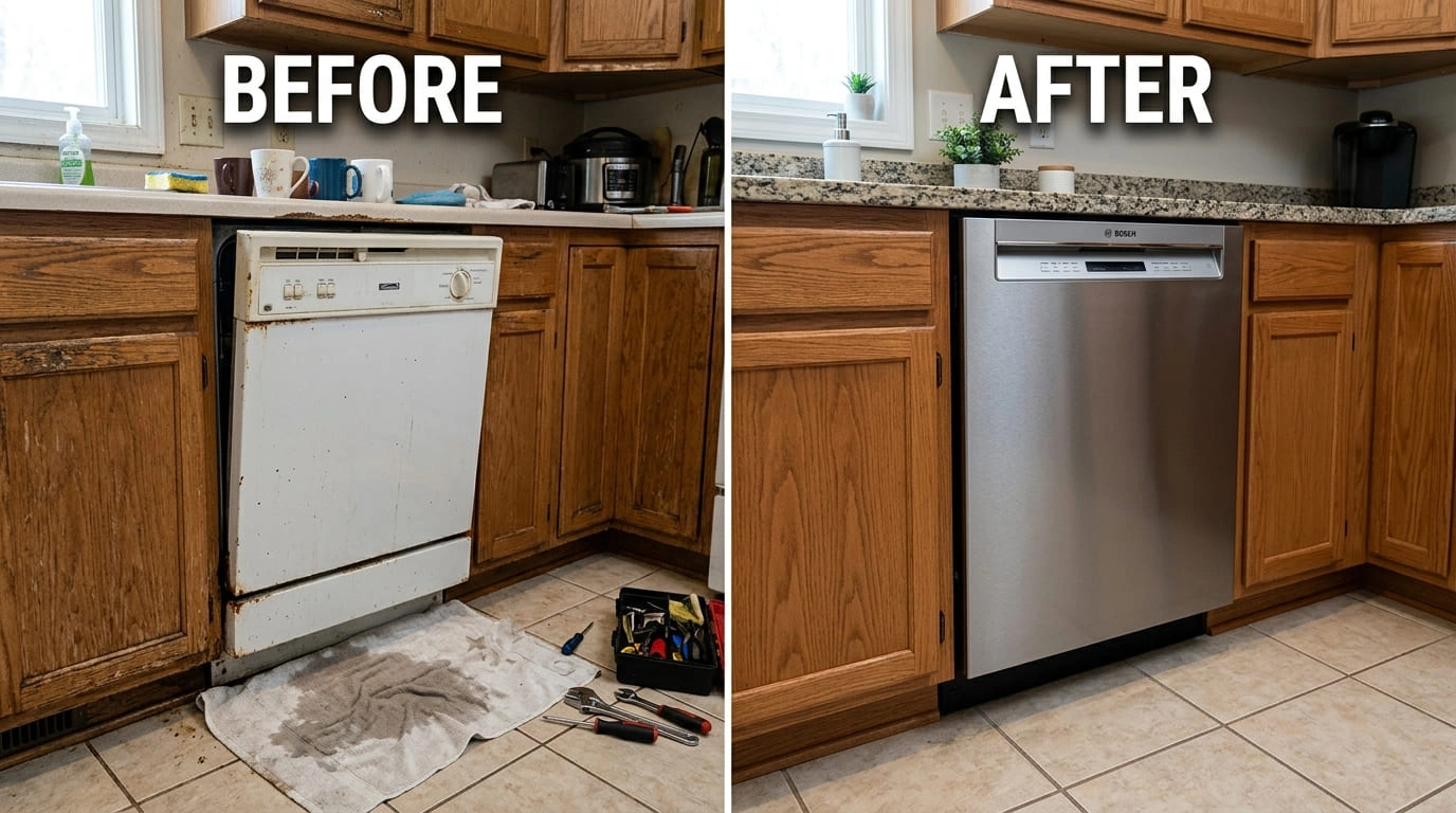 Dishwasher Repair and Replacement Before and After Ralston Arva Plumbing Arvada CO