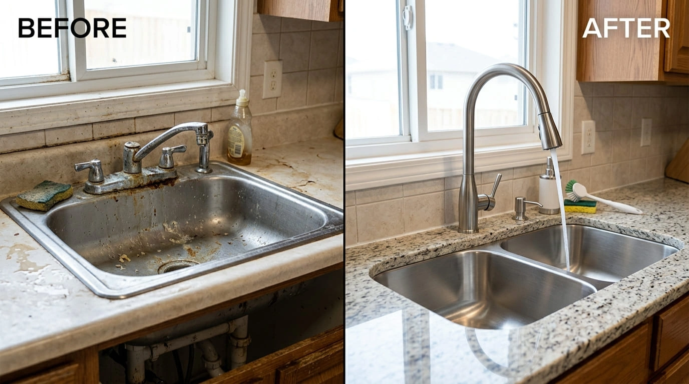 Faucets and sinks repair replacement before and after Ralston Arva Plumbing Arvada CO