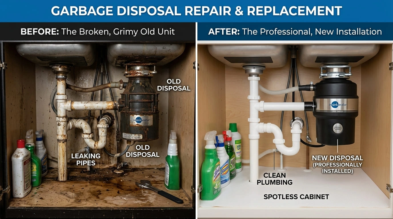 Garbage Disposal Repair and Replacement Before and After Ralston Arva Plumbing Arvada CO