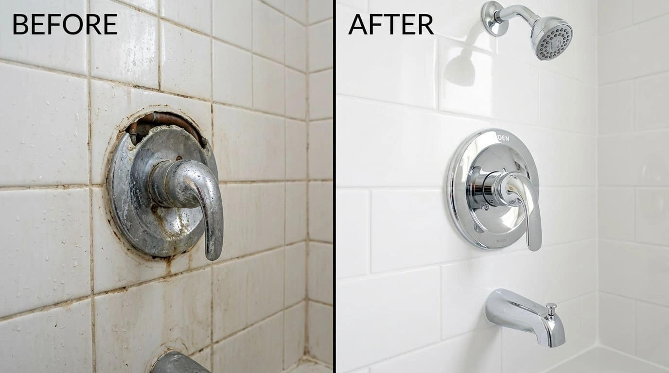 Shower Valve Repair Replacement Before and After Ralston Arva Plumbing Arvada CO