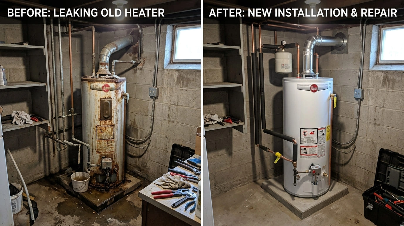 Water heater replacement repair before and after Ralston Arva Plumbing emergency plumber Arvada CO