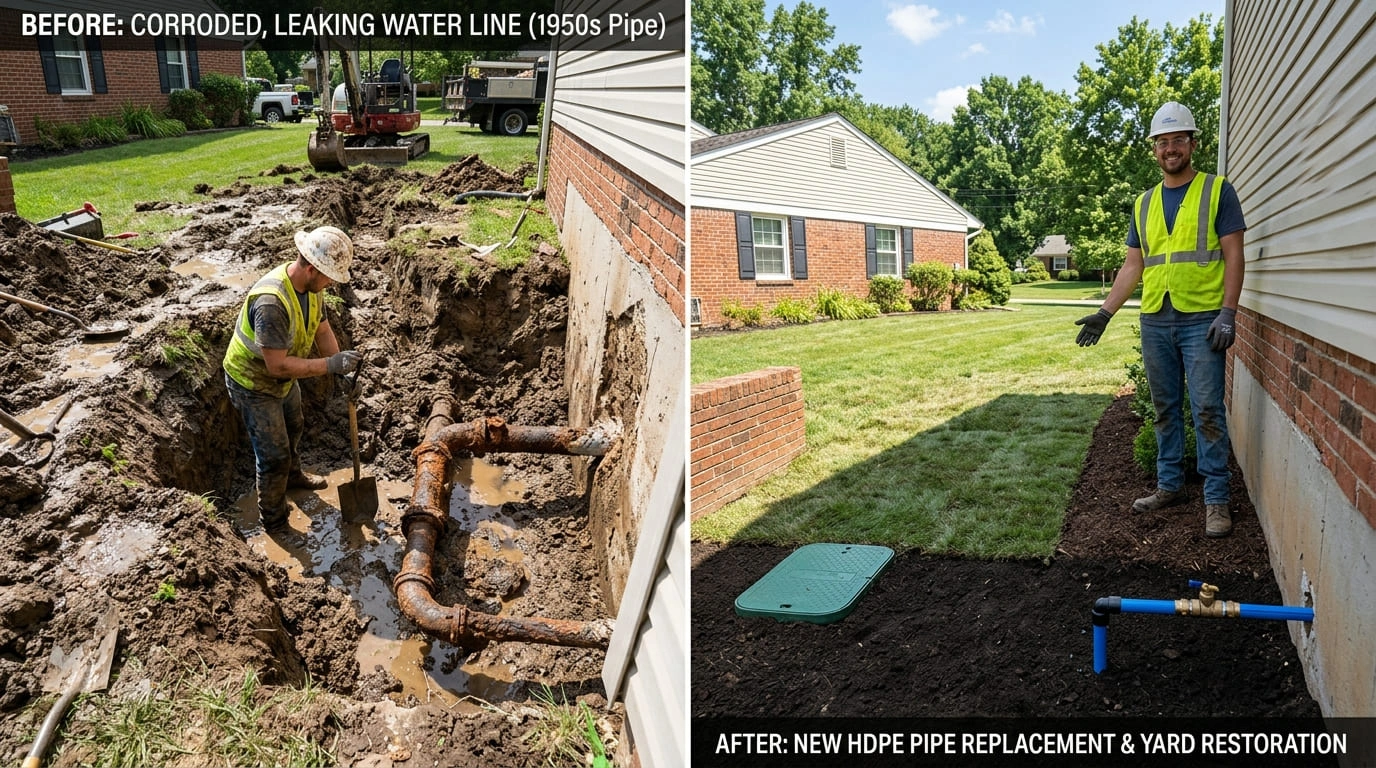 Water Line Replacement Yard Restoration Before After Ralston Arva Plumbing Arvada CO